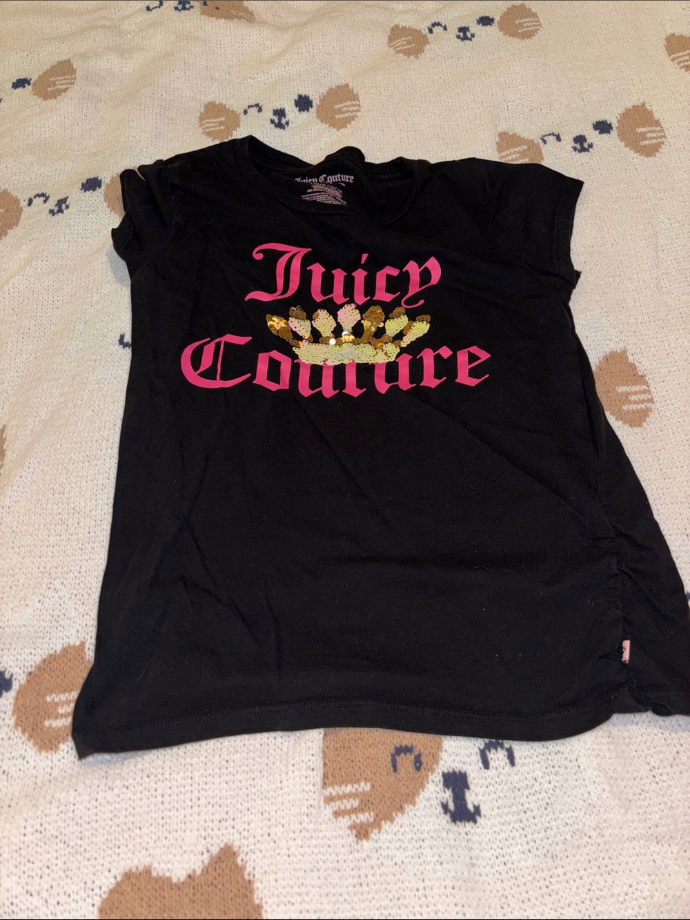 Juicy Couture Black Tee with Pink Logo and Gold Sequin Crown